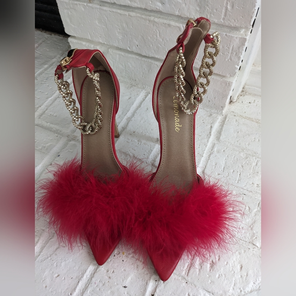 Lemonade Red Glamorous Feathered Heels